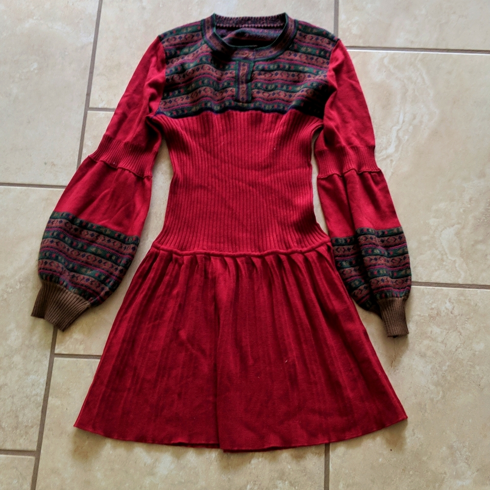 Holiday Knit Sweater Dress Red Green Long Sleeve